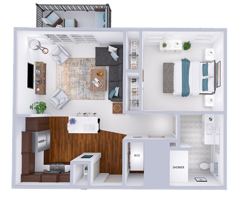 a 3d rendering of a furnished floor plan with a bedroom and living room